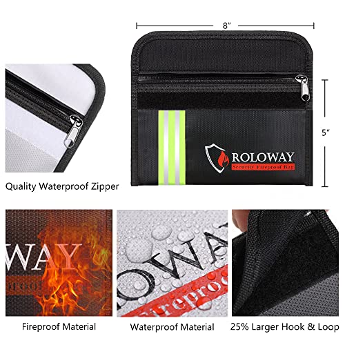 Image of ROLOWAY Small Fireproof Bag (5 x 8 inches) with Reflective Strip, Fireproof Money Bag for Cash, Valuables, Passport, Currency & Keys (2-Pack)