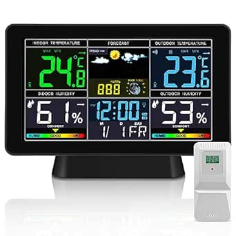 Draadloos weerstation met lcd-kleurendisplay, DCF-tijd, 12/24-uurs weergave, voorspelling, binnen- en buitentemperatuur en vochtigheid, max/min metingen, kalender (zwart