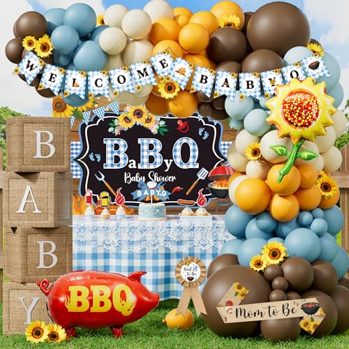 Blue BBQ Baby Shower Decorations for Boys Its a Baby Q Baby Shower Decoration Set Barbecue Theme Balloon Garland Backdrop with BabyQue Tablecloth for Summer Picnic Baby-Q Baby Boy Shower Party