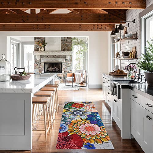 Xsinufn Boho Large Floral Kitchen Rugs Set 2 Piece Colorful Decorative Rug Runner Low-Profile Floor Mats Decorations For Home Kitchen(17"X48"+17"X30") #TOP4