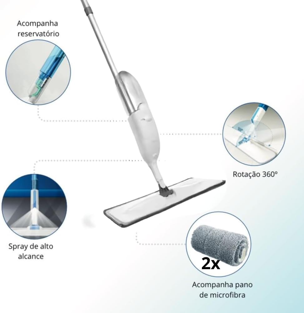 Mop Spray com Rotação 360°, Vassoura Magica, Com dispenser desinfetante, Rodo com tecido, Reservatório, Acompanha 2x Pano de Microfibra, Remove Pelo