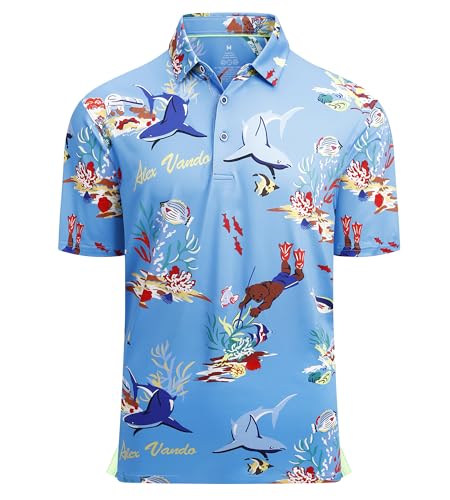 Alex Vando Mens Hawaiian Golf Shirt Moisture Wicking Digital Print Golf Shirts for Men