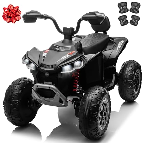 Kids Ride-On Electric ATV, 24V Battery Powered Kids Electric Vehicle 4-Wheeler Quad Car Toy w/19.3 Inch Leather 2 Seat, Kneepads, 5.5mph Max Speed, 4 Spring Suspension, LED Headlights, Music