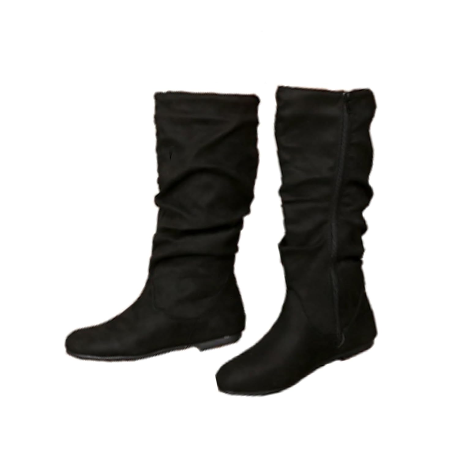 Womens Wide Calf Boots Flat Low Heel Round Toe Boots Side Zipper Tall Boot Fall Outdoor Anti-Slip Slouch
