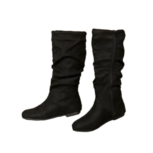 Womens Wide Calf Boots Flat Low Heel Round Toe Boots Side Zipper Tall Boot Fall Outdoor Anti-Slip Slouch
