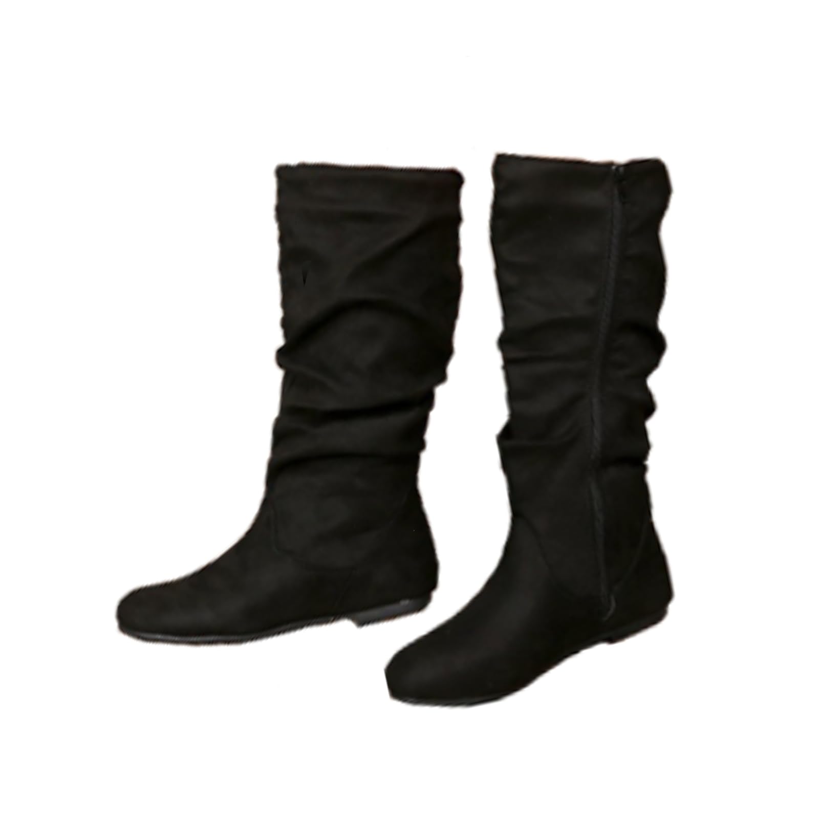 Womens Wide Calf Boots Flat Low Heel Round Toe Boots Side Zipper Tall Boot Fall Outdoor Anti-Slip Slouch