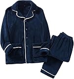[wechose] メンズ パジャマ フランネル 上下セット 部屋着 ルームウェア ゆったり 両面起毛 裏起毛 長袖 防寒 暖かい 厚手 衿付き ポケット付き 秋冬服 無地 肌に優しい ふんわり 寝間着navy-L