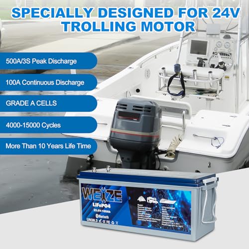 Image of WEIZE 24V 100AH Bluetooth LiFePO4 Lithium Battery, Grade A Cells, 150A BMS, Low-Temp Protection Deep Cycle 500A /3S Peak Discharge Battery for Trolling Motor, Solar System, RV, Camping, Off Grid