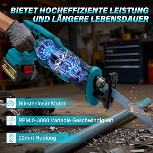 Akku Säbelsäge kompatibel mit Makita LXT-18V Akku (ohne Akku), Reciprosäge bürstenloser Motor, 22mm Hubhöhe, max. 3000RPM, inkl. 4x Säbelsägeblatt für Holz und Metall
