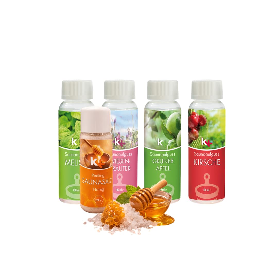 Saunaaufguss Set Altes Land 4x100ml + Honig Saunasalz Peeling – Melisse, Wiesenkräuter, Grüner Apfel & Kirsche – Hochkonzentriert – Fruchtig-frisches Sauna Geschenkset – Made in Germany