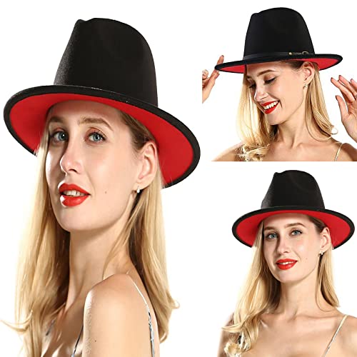 Inogih Black Red Bottom Fedora-Hat-For-Women And Men Wide-Brim Patchwork Two-Tone Panama-Hats With Belt #TOP5