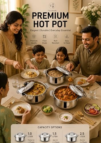 Image of Premium Stainless Steel Hot Pot Set of 3 with Lid Handle | Insulated Casserole Set for Roti, Rice, Curry & Biryani | 1L + 1.5L + 2.5L