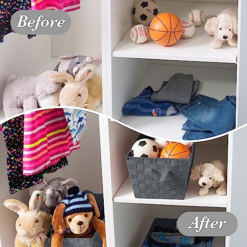 Image of Simplify Small Shelf Woven Strap Tote | Decorative Storage Basket | Built in Handles | Organization | Closet | Bedroom | Bathroom | Nursery | Accessories | Toys | Gifts | 4 Pack | Grey