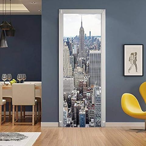 3D Door Sticker City Self-Adhesive Mural Home Decoration Wall Stickers Bedroom Living Room Removable Poster Art Stickers -90x200cm Cover