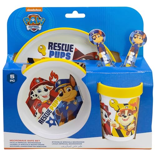 STOR Set 5 pièces antidérapant premium bicolore (assiette, bol, gobelet 260 ml et couverts) en boîte Pat’Patrouille Boy Rescue Pups