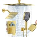 Shower Faucet Set, 12" Ceiling Mount Rainfall Shower System with 2 Rain Shower Head and Multi-function Handheld Head Push Button Diverter Shower Faucet Trim Kit (12", Brushed Gold)