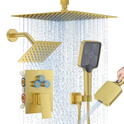 Image of Shower Faucet Set, 12 inch Ceiling Mount Rainfall Shower System with 2 Rain Shower Head and Multi-function Handheld Head Push Button Diverter Shower Faucet Trim Kit (12 inch, Brushed Gold)
