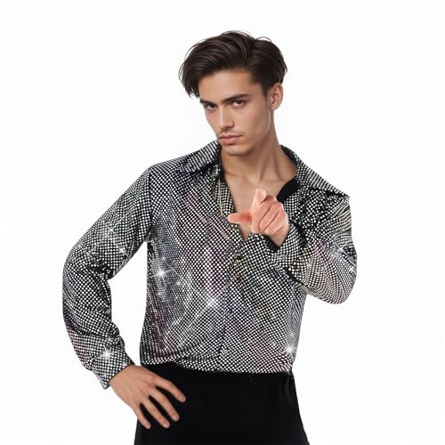 Faxianther Chemise Disco Boutonnée pour Homme Chemise à Paillettes pour Déguisement Années 80 Carnaval Soirée Disco
