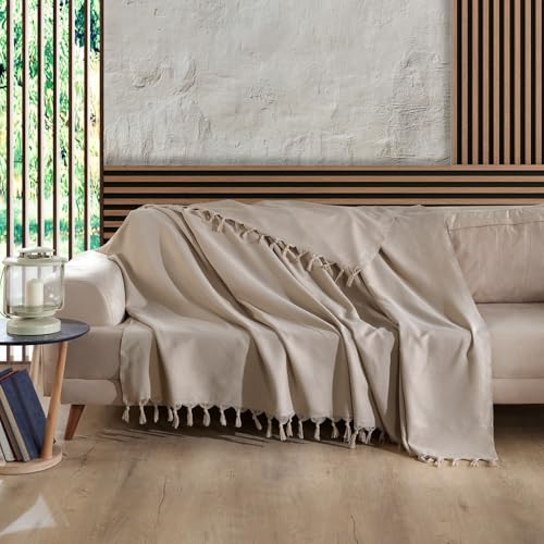 Milam London Grand Plaid en Coton pour canapés, Lits, canapés, lit Double, 2 Places, 200 x 230 cm, Beige