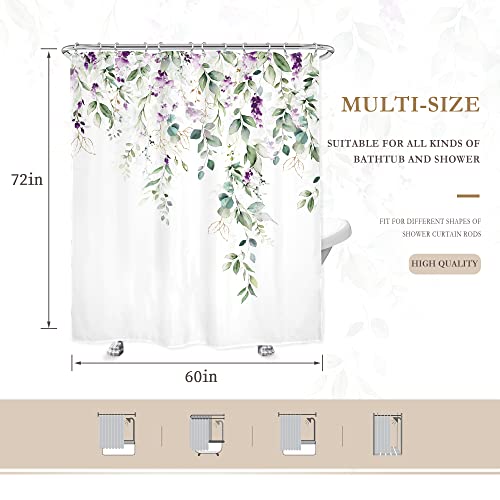 Glawry Green Eucalyptus Lavender Shower Curtain 60Wx72L Inches Watercolor Purple Floral Leaf Botanical Bathroom Plants Lilac Spring Summer Nature Bath Accessories Art Home Decor Fabric 12 Pack Hooks #TOP3