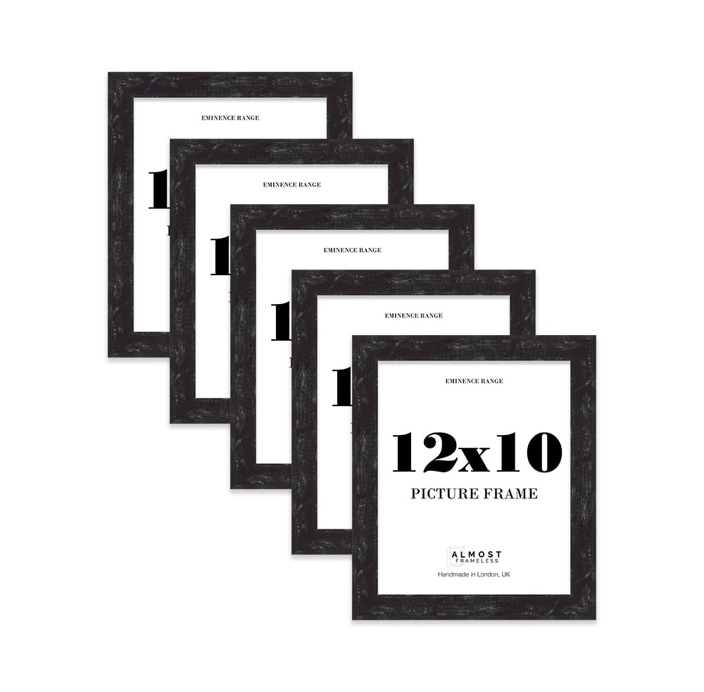12x10" Distressed Black Picture Frame - Rustic Wood Industrial Effect Photo Frame for Wall Display, Ideal for Posters, Prints & Home Décor, Wall Hooks and Kickstand, 32mm Edge - 5 Pack