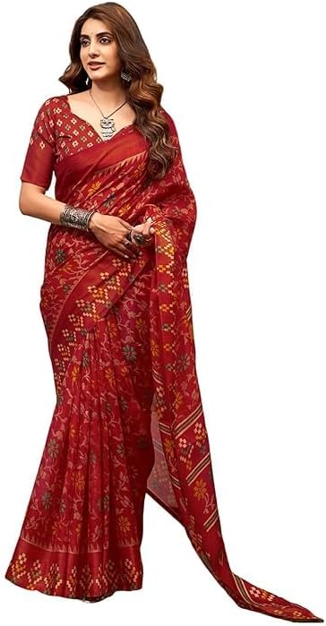 Women's Cotton Printed Saree, Red Floral Design, with Unstitched Blouse Piece