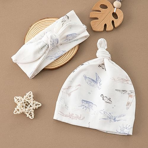 Image of BabyWhale Muslin Swaddle Blanket with Hat and Headband Bow, Marine Animals Pattern Swaddle Set for Baby Boys ＆ Girls, Unisex Newborn Soft Receiving Swaddle Wrap, 47x47 inches