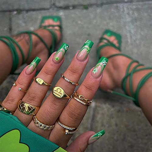 24 Pcs St. Patrick's Day Press on Nails Medium Coffin Fake Nails Acrylic Green French Tip on False Nails with Flower and Rhinestones Artificial Acrylic Nails with Designs for Women Girls