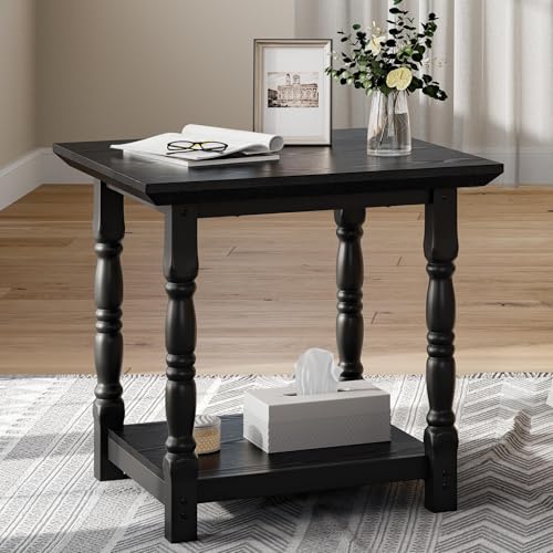 YITAHOME Farmhouse Square End Table, Antique Accent Table with Floor Shelf, Side Table w/Dual-Tier Storage and Heavy-Duty Frame for Living Room Bedroom & Couch, Black Black 1 PC