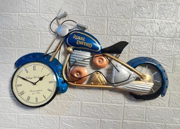 Image of Stylish Iron Metal Bike Wall Mount Analog Clock For Living Room And Home Decoratio (Blue, 28 X 23)