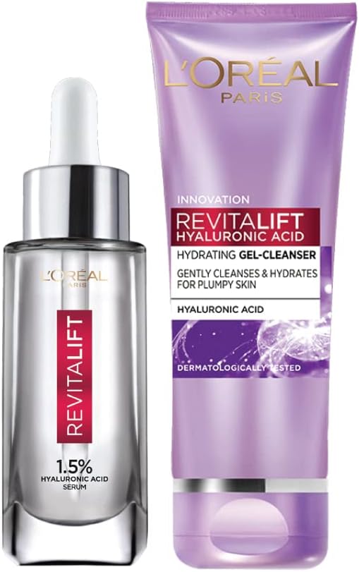 L’Oréal Paris Revitalift Hyaluronic Acid Skincare Routine: Hyaluronic Acid Serum, 15Ml + Hyaluronic Acid Hydrating Gel Cleanser, 50Ml Hydrated Skin Combo, 15 Ml