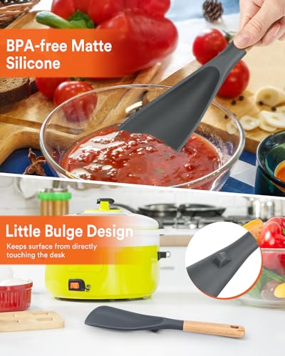 Image of Cooking Spoon for Nonstick Cookwares, Great for Cooking and Serving Durable BPA-Free Matte Silicone, Wood Handle Spoon for Mixing, Scoop, and Scrape
