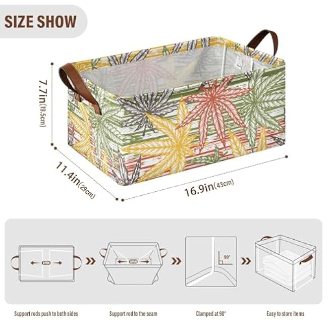 susiyo Cannabis Leaf Storage Bin Fabric Storage Basket for Organizing Shelves Closets Collapsible Storage Basket Organizing Basket Bin Decorative Baskets with Metal Frame