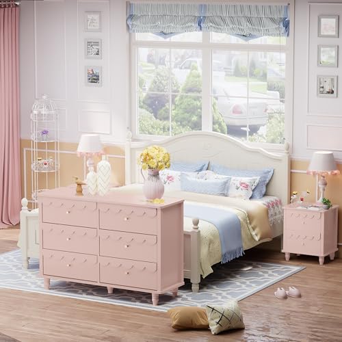Image of Anbuy Pink Scalloped Nursery Chests and Nursery Chests and Dresser for Kids Bedroom Wood 6 Drawer Dresser, Dressers & Chests of Drawers with Metal Handles for Bedroom, Nursery, Hallway