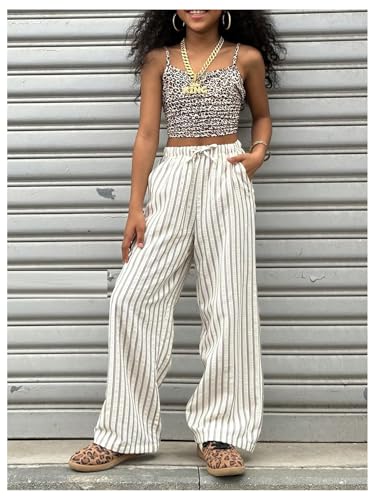 Floerns Girl's Striped Drawstring High Waist Long Pants Straight Leg Beach Trousers4