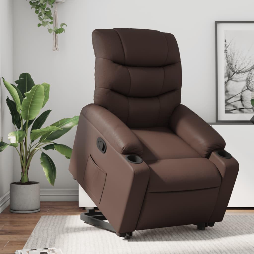 Sillón elevador reclinable marrón de piel sintética con función de elevación eléctrica y reclinación manual hasta 135 grados, cómodo y estable para personas mayores, marco