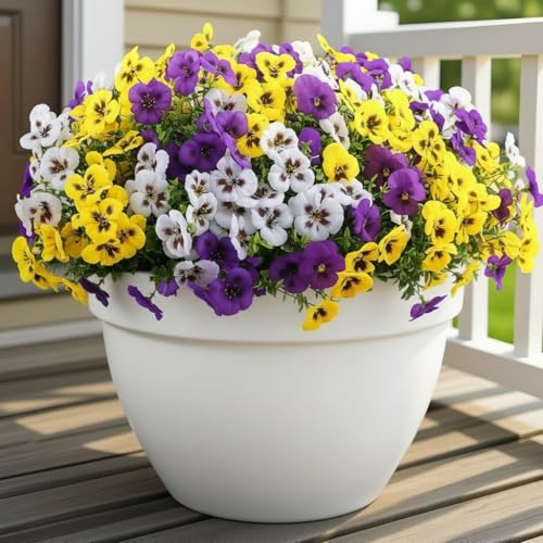 Artificial Pansies Flowers for Outdoor, 12 Bundles UV Resistant Fake Flowers, No Fade Realistic Silk Pansy for Porch Planter Garden Patio Yard Spring Decorations (Purple,White,Yell image 1