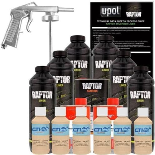 Raptor Truck Bed Liner Kit with Colored Field Tan #30480 Tint and Spray Gun - 6 Liters - Protective Spray On Paint for Coating Trucks, Tailgates, Vehicle Undercoating - Tintable Bedliner Formula