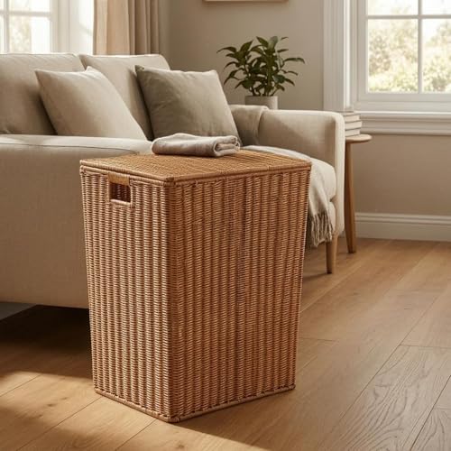 Panier rangement avec couvercle aspect rotin beige clair taille moyen