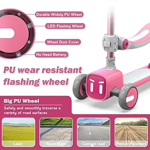 Arfmaget Kids Scooter,3 Wheel Scooter,Kick Scooter with Adjustable Height Foldable & Brake & Removable Seat & Honk & 2 Removable front covers & LED Light Up Wheels,Scooter for Kids Ages 3-14