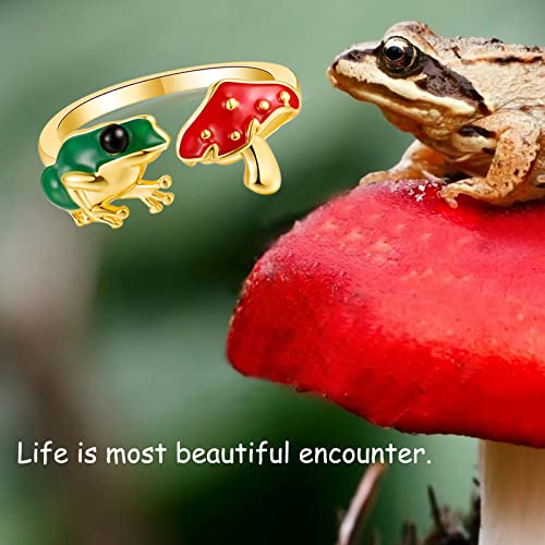 Green Frog Red Mushroom Open-Rings For Women-Girls - Gold / Silver Plated Cute Colorful Frog Mushroom Aesthetics Jewelry For Birthday/New Year/Christmas Gifts, Adjustable Size To 6 7 8 9 10 11. (Gold) #TOP1