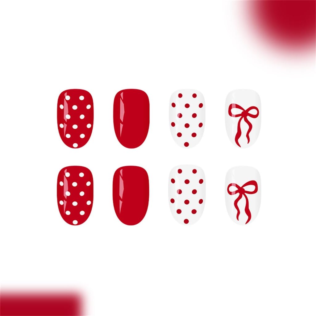 24Pcs French False Nails Red White Dots Bows Full Cover Artificial Nails for Women Wedding Party
