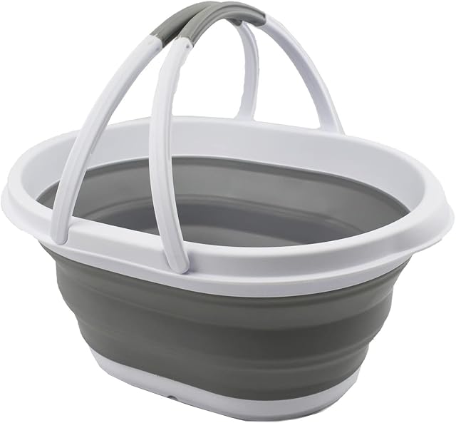 SAMMART 11L Collapsible Tub with Handle - Portable Outdoor Picnic Basket / Crater - Foldable Shopping Bag - Space Saving Storage Container (White/Grey, 1)