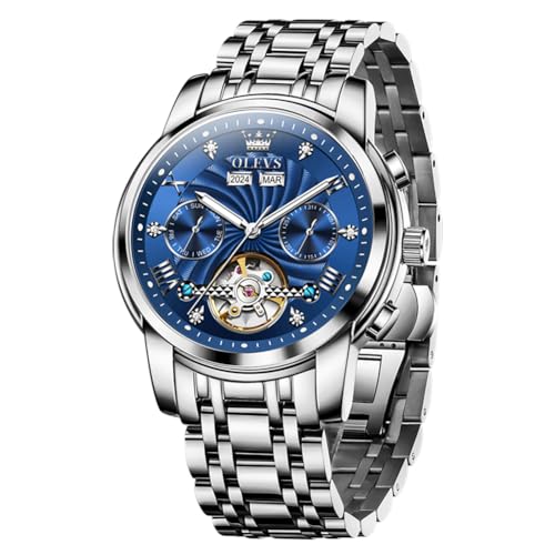 Image of OLEVS Silver Automatic Men's Watches Blue Dial Analogue Chronograph Watch