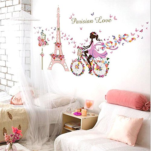 Paris Eiffel Tower Fairy Wall Stickers Window Film Elf Girl Princess Wall Decals Butterfly Flowers Dancing Girls Angel Wings Wall Decor DIY for Windows Bedroom Living Room Decoration (Eiffel Tower)