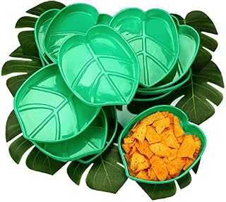 Palm Leaf Snack Tray Hawaii Style Reusable Food Tray with Tropical Imitation Green Plant Leaves, Cookies Chips, Candy Dip, for Jungle Island Luau Party Theme Decorations Birthdays 12 Sets