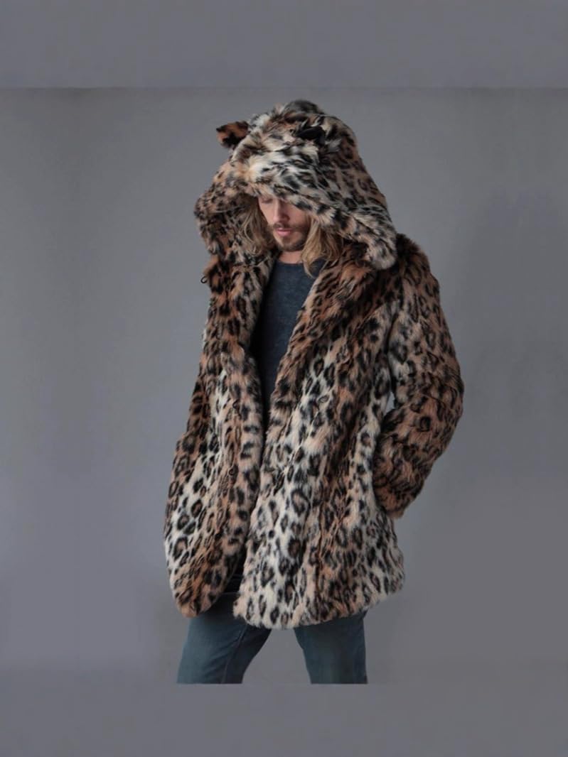 [TRVELBETT] 豹柄 ファーコート メンズ 男性 上着 ヒョウ柄 秋冬アウター ウサギ耳 フェイクファー 上品 暖かい ゆっ