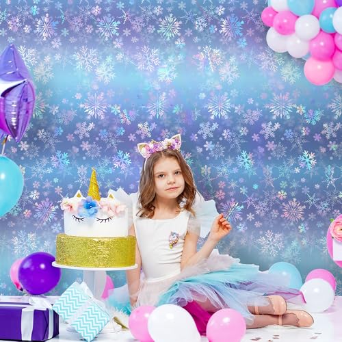 Image of Kochorie 100 Ft x 54 Inch Iridescent Winter Snowflake Tablecloth Roll with Cutter Box Holographic Blue and Purple Snowflake Wonderland Table Cover Backdrop for Frozen Birthday Party Supplies