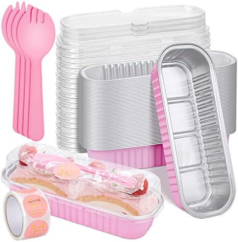 ylnurac 100Pack Pink Aluminum Foil Mini Loaf Pans With Lids, 6.8 Oz Rectangle Baking Cups Muffin Tins,Disposable Baking Tins Mini Baking Pans Tins Holders For Brownie Mini Cake Bread