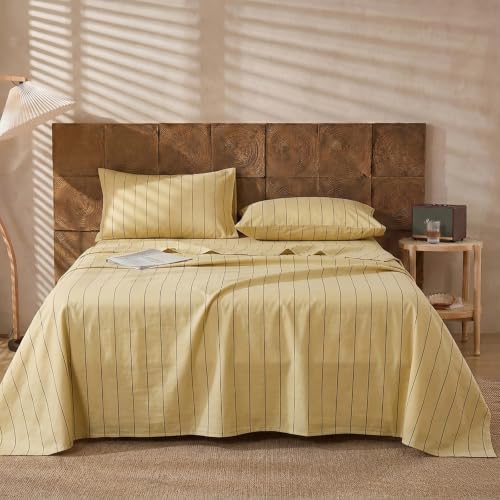 Image of Merryword Yellow Striped Sheet Set King Size - 100% Cotton Striped Bedding 4 Pieces, Soft Breathable Percale Weave, 17.5 inch Deep Pocket, Luxury Linen Like, All Season Comfort
